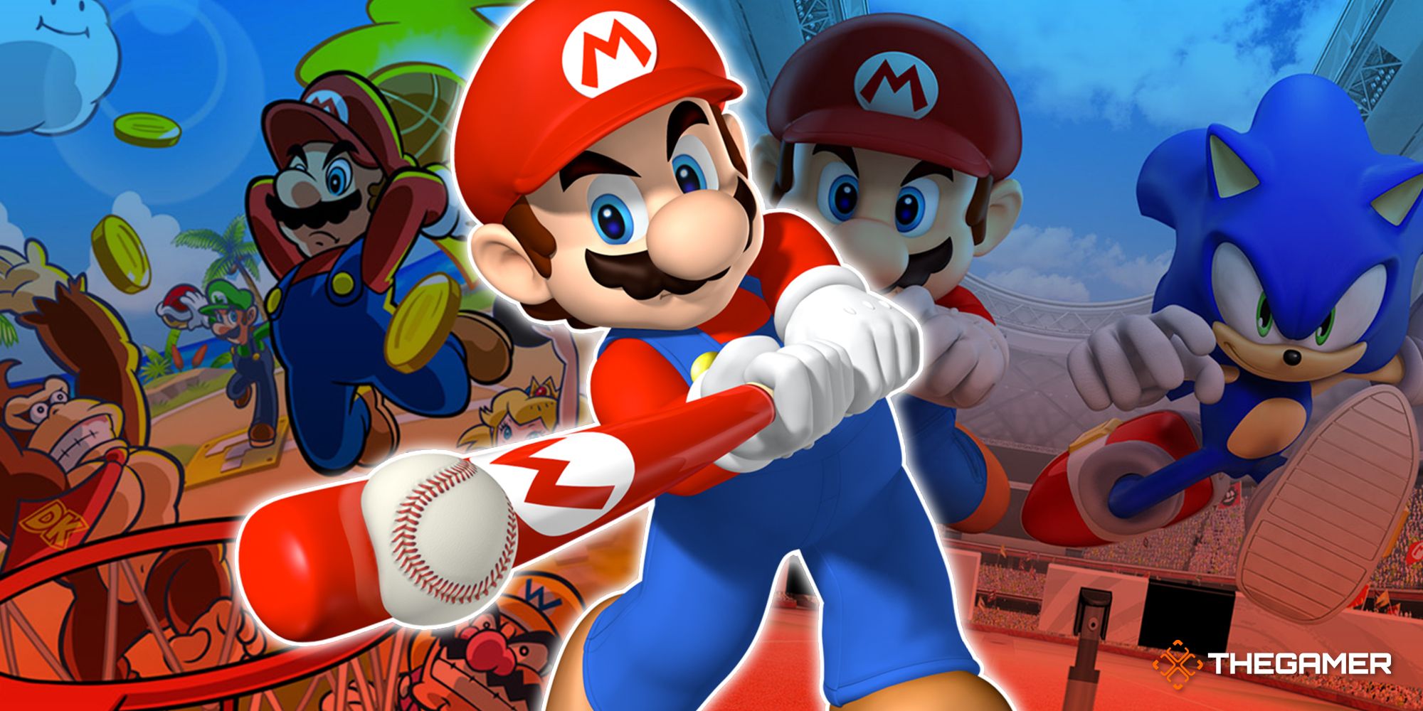 Game images from Mario Hoops 3-On-3, Mario Superstar Baseball and Mario & Sonic At The Olympic Games.