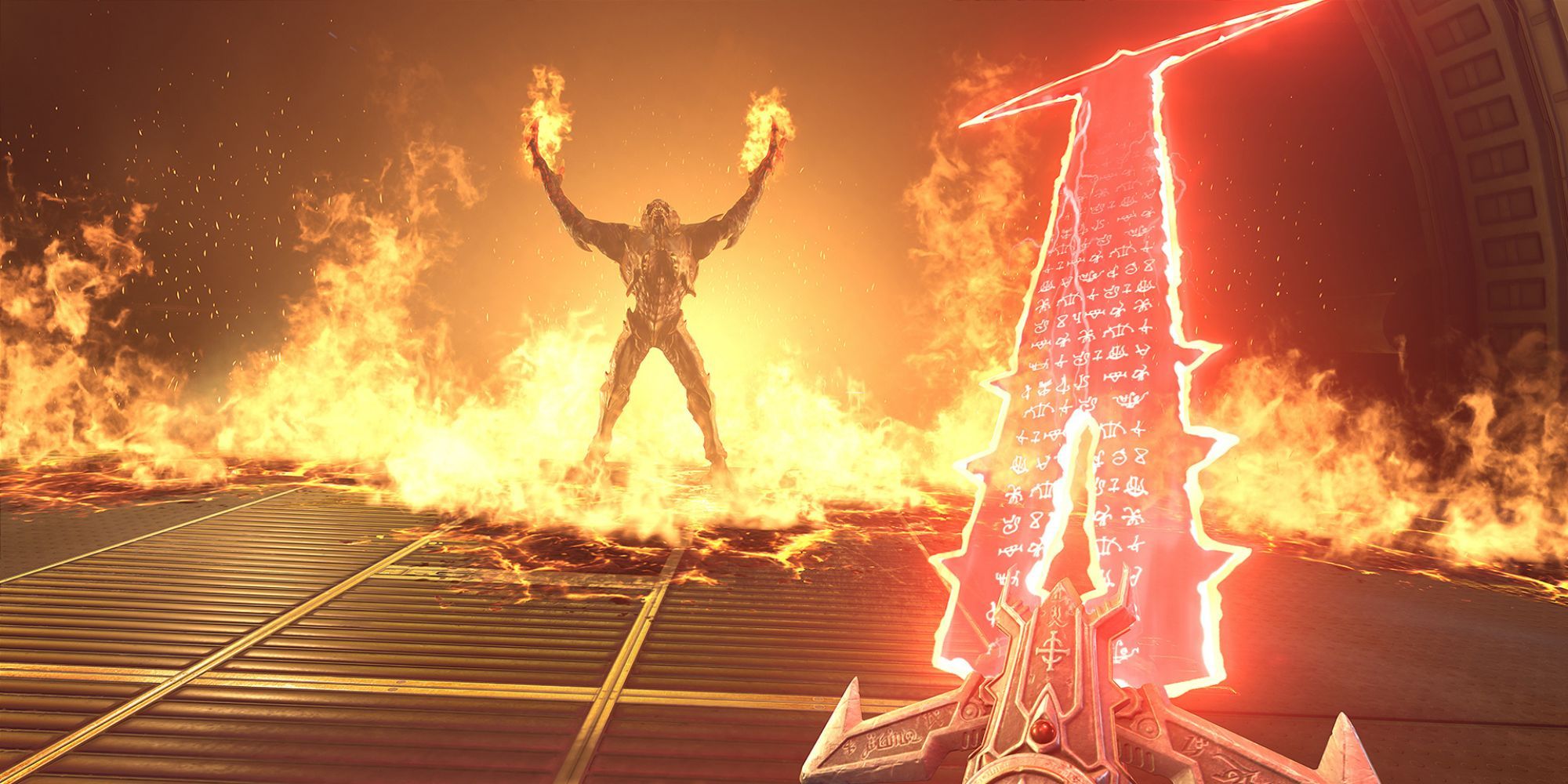 Arch-vile summons lake of fire as player approaches with the Crucible