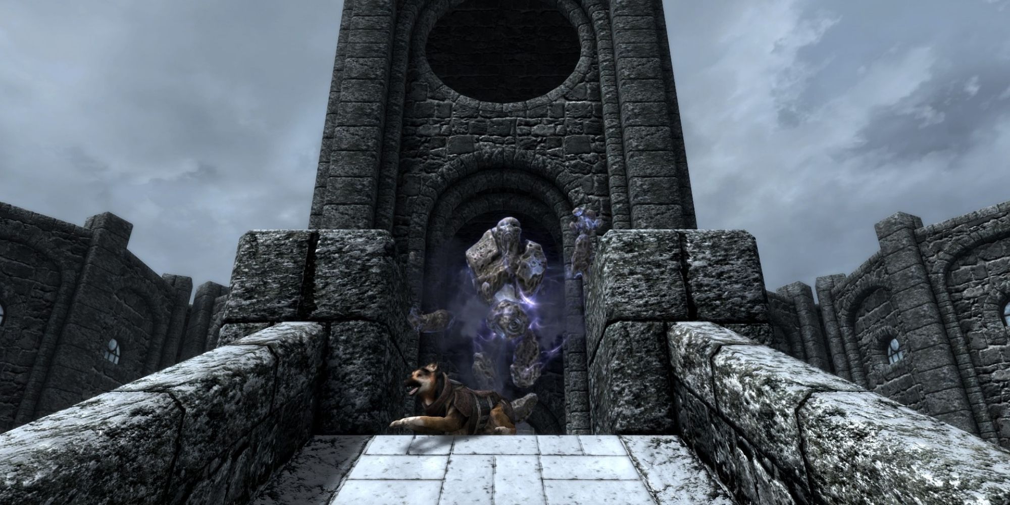 An atronach blocks the path to the College of Winterhold's courtyard, player companion dog sits in front of it 