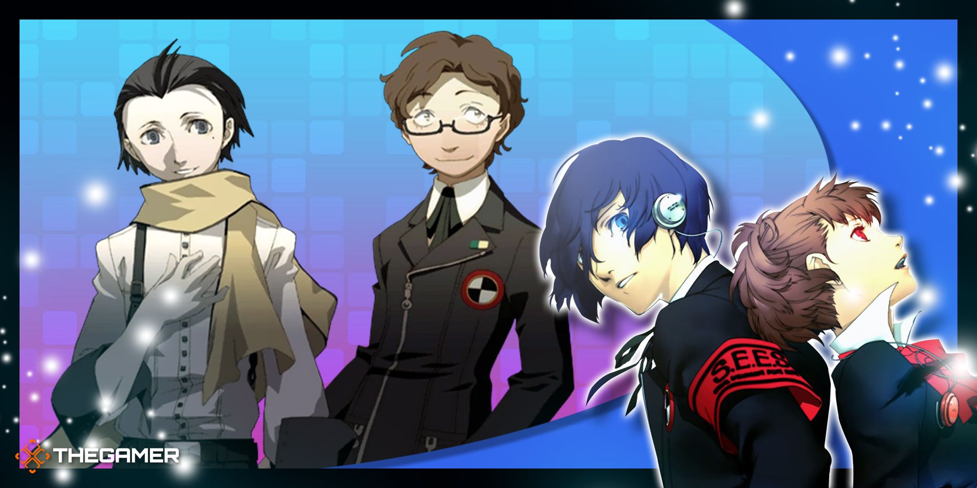 ryoji mochizuki and keisuke hiraga on a blue and purple gradient with the two protagonists of persona 3 portable