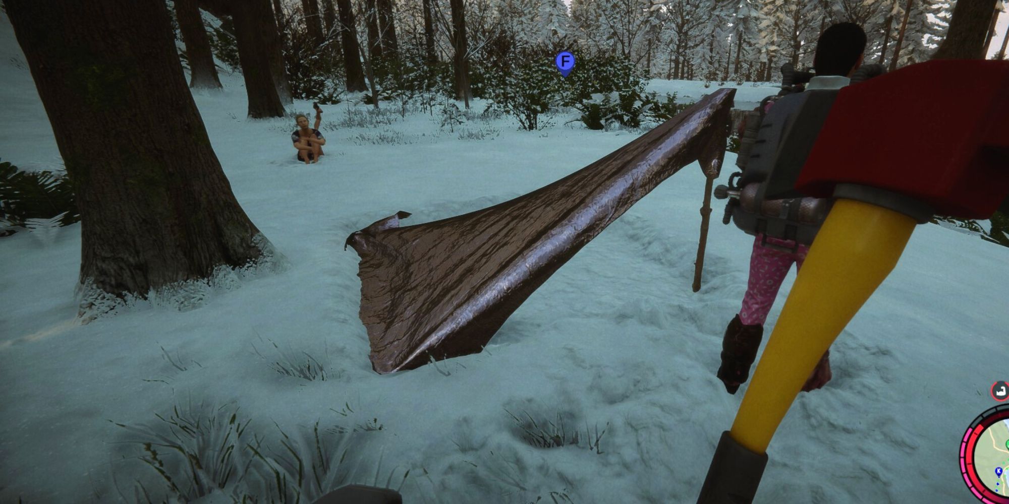 a makeshift tent in the snow built with a tarp and a stick