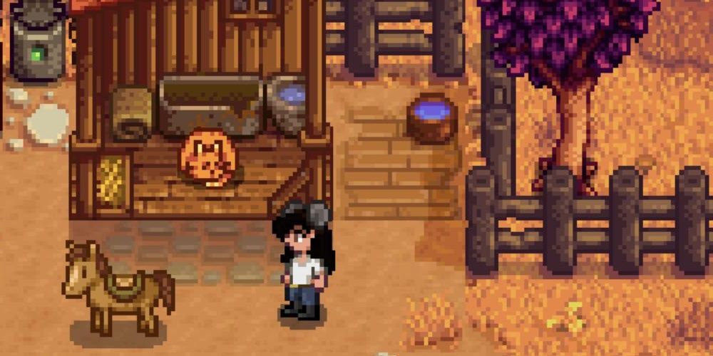 A horse standing beside its farmer while a cat naps in the stable in Stardew Valley the video game