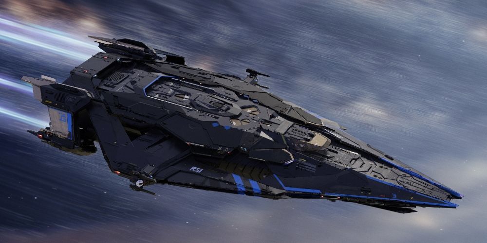 A black spaceship traveling through space in Star Citizen