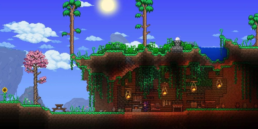 A character in Terraria in a cozy kitchen under a lush grassy platform