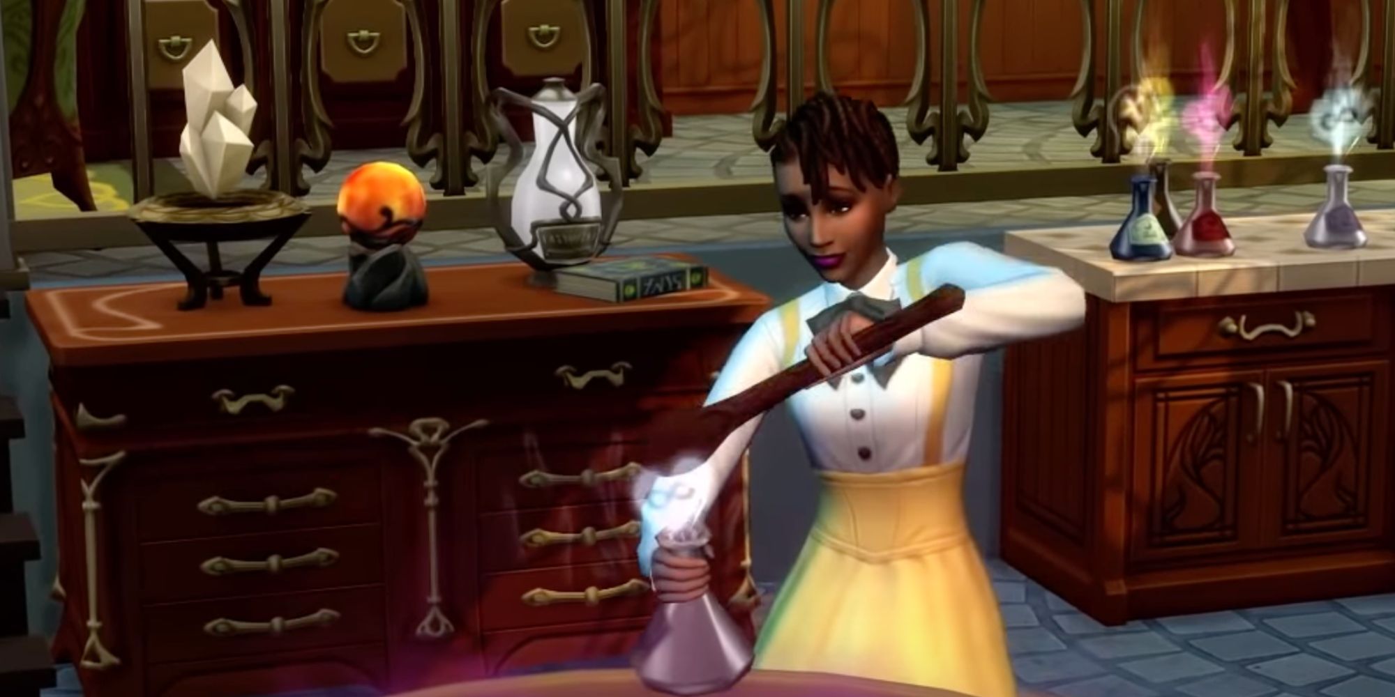 A Sim from The Sims 4 Realm Of Magic Creating A Potion With A Moonstone On A Cabinet In The Background
