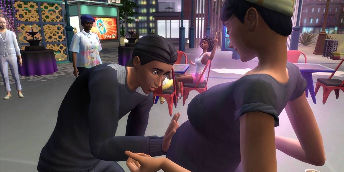 A Sim happily touching another Sim's pregnant belly as the pregnant Sim smiles in The Sims 4