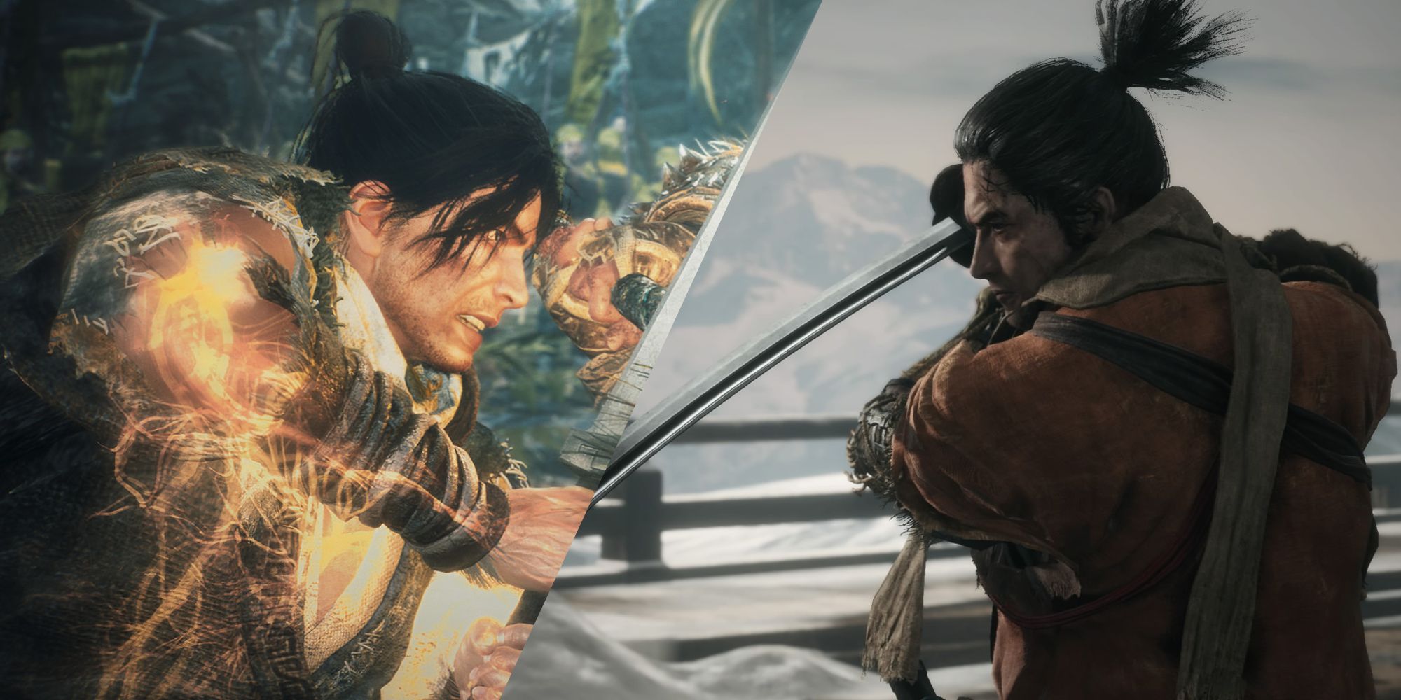 A Split Image Depicting Heroes From Wo Long And Sekiro Dueling
