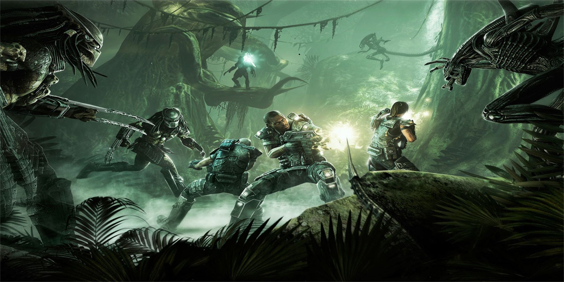 Game artwork for Aliens vs Predator showcasing marines fighting aliens and predators
