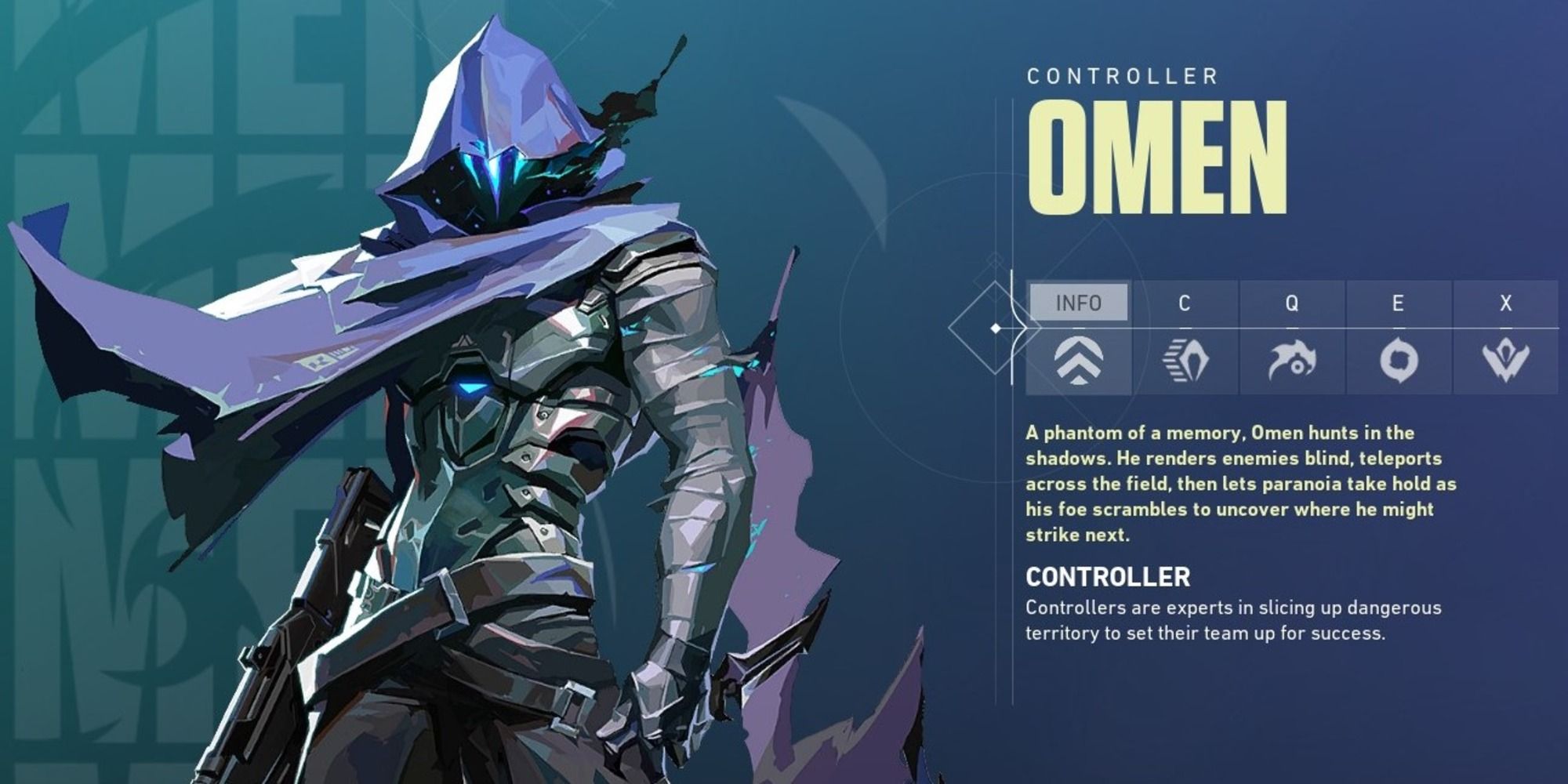 An image of Valorant's Omen agent from the menu.