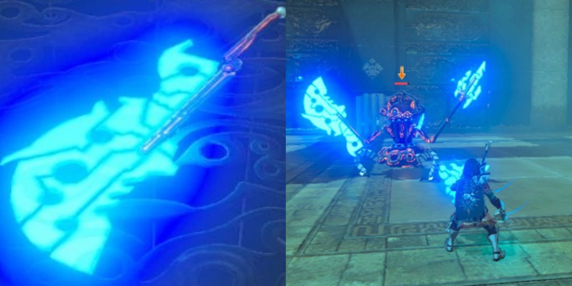 Split image screenshots of the Ancient Battle Axe++ on the ground and Link battling a Guardian holding the Ancient Battle Axe++.