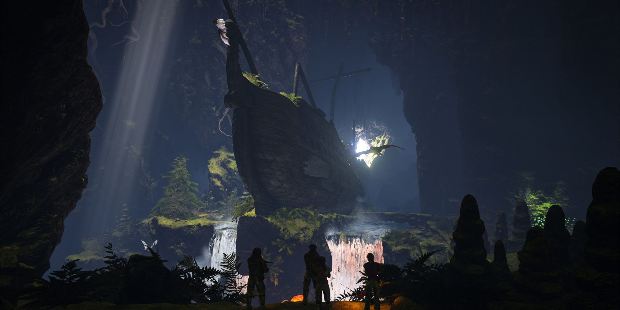 A couple of players look upon a large distant shipwreck