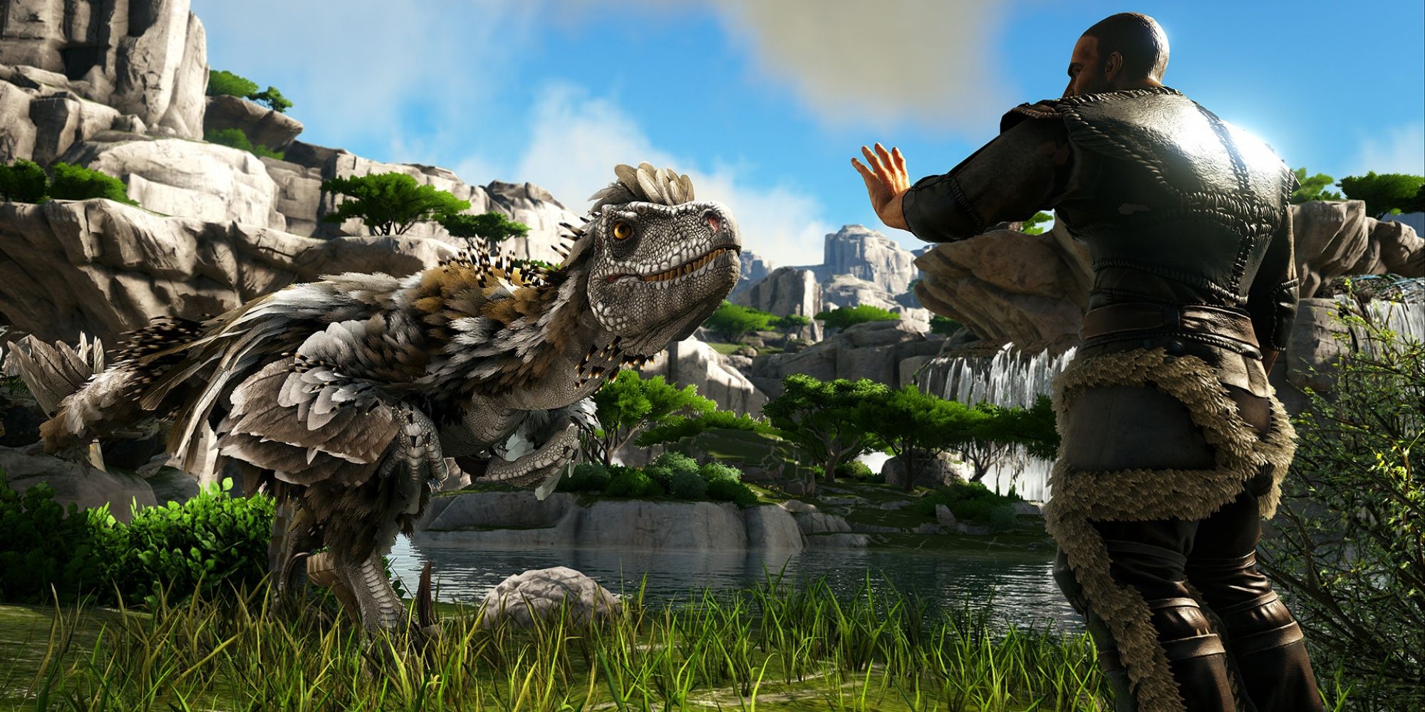 A feathery dinosaur approaches a player as the player attempts to tame them