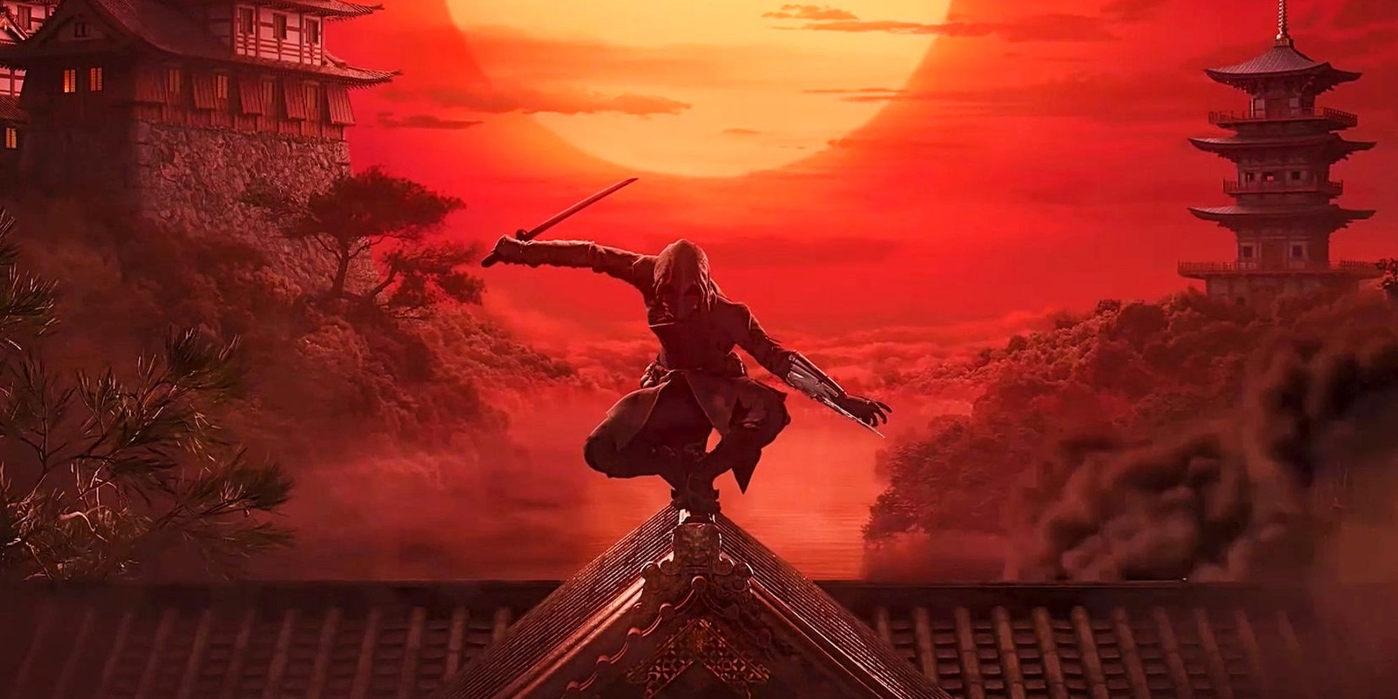 Assassin crouched on a rooftop with a red overlay
