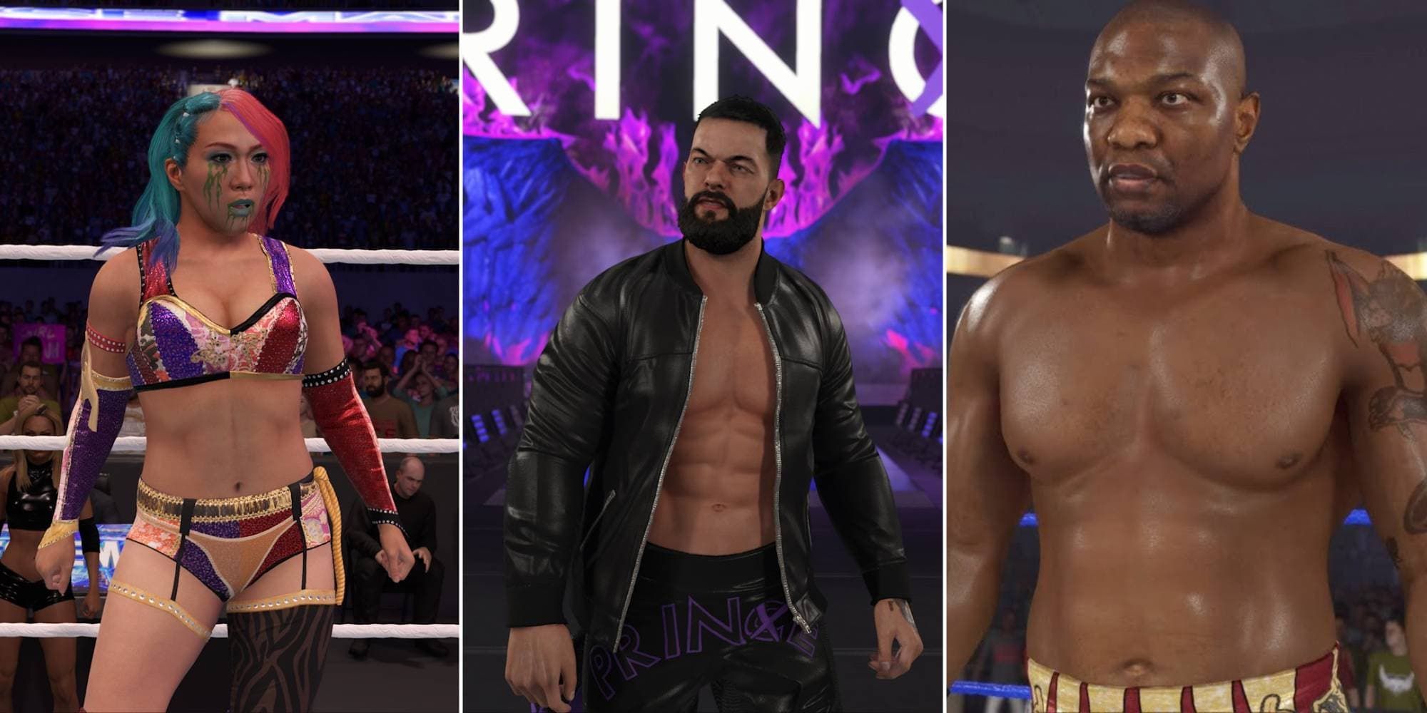 Asuka awaits her opponent, Finn Balor makes his entrance, and Shelton Benjamin stands in the ring in WWE 2K23.