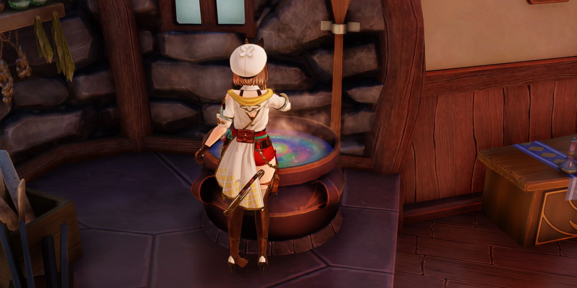 An image of Ryza using her Alchemy Cauldron in her Atelier in Atelier Ryza 3: Alchemist Of The End & The Secret Key