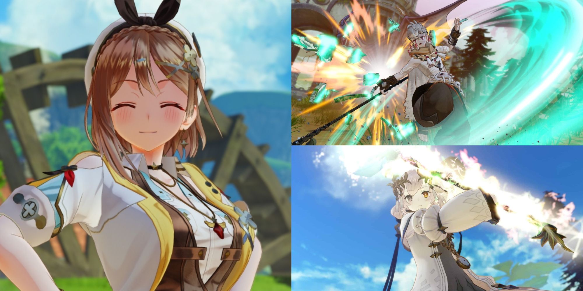 A collage of images from Atelier Ryza 3: Alchemist of the End & the Secret Key. The leftmost is of Ryza smiling while blushing when speaking with one of her party members. The top right is of Dian unleashing a powerful attack with his Axe. The bottom right is of Kala performing a devastating action with their Wand.