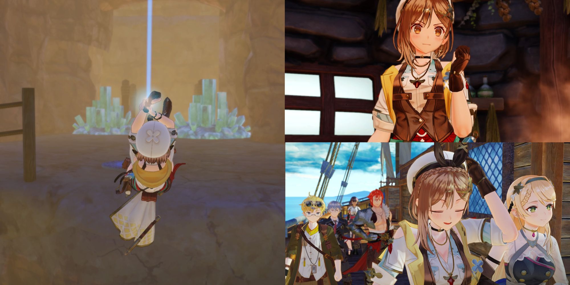 A collage of images from Atelier Ryza 3: Alchemist Of The End & The Secret Key. The leftmost image showcases Ryza swinging over a gap with her Emerald Band Survival Tool. The top right image is a determined Ryza figuring out a tricky Alchemy Formula. The bottom right is of Ryza and her friends traveling to a new city on a boat, enjoying their time together as they set out on another adventure.