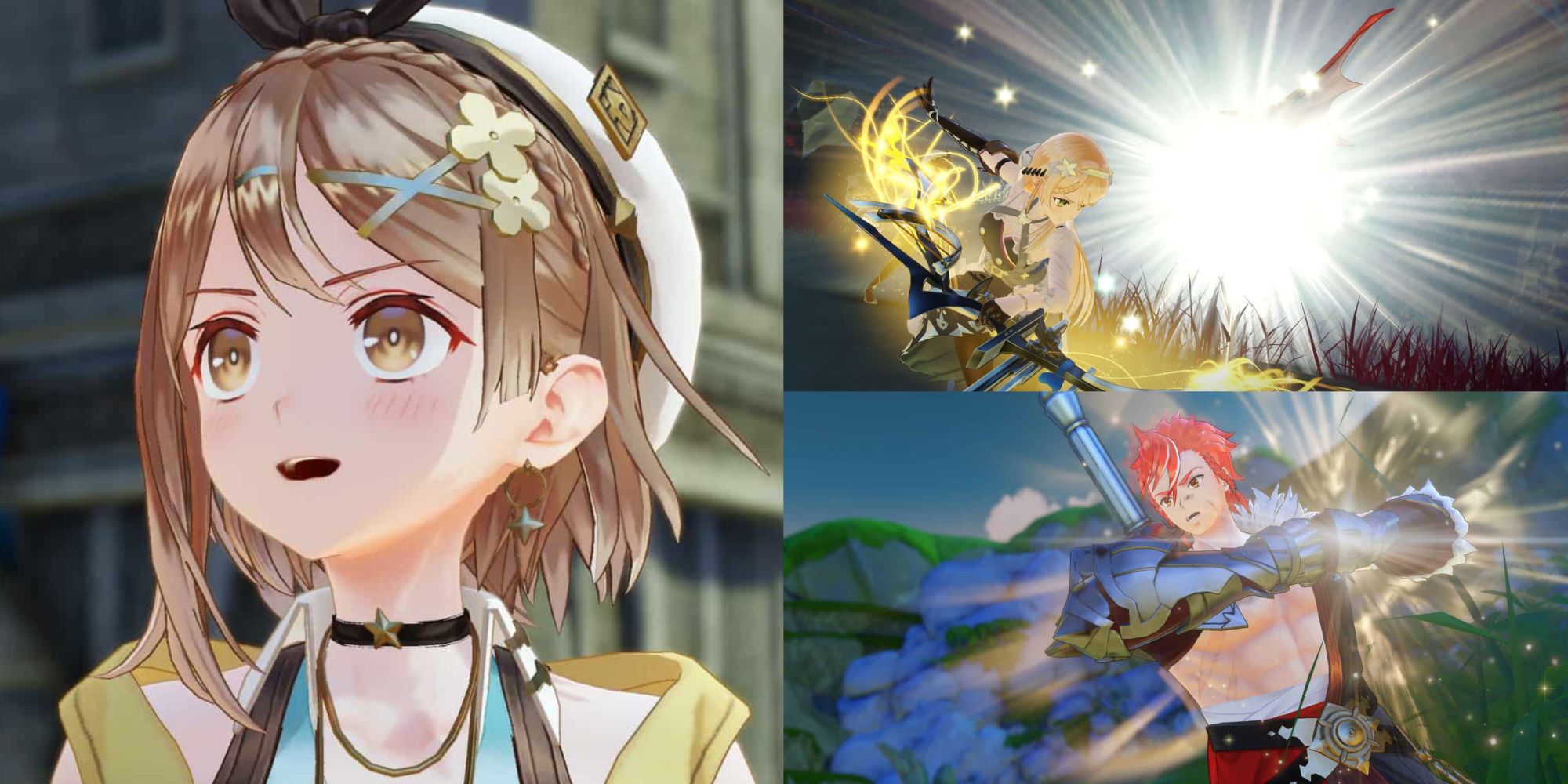 A collage of images from Atelier Ryza 3: Alchemist of the End & the Secret Key. The leftmost image is of Ryza being stunned by reaching a new region in the game. The top right is of Klaudia using her Bow to eliminate and enemy. The bottom right is of Lent putting his fists together before he goes in for a devastating attack.