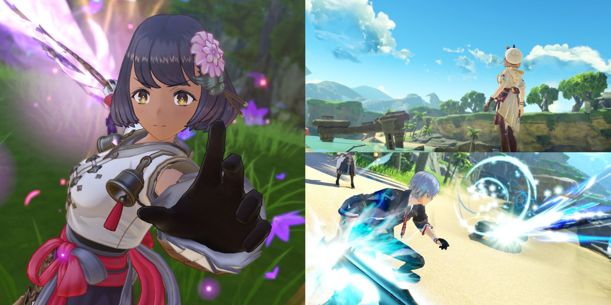 A collage of images from Atelier Ryza 3: Alchemist Of The End & The Secret Key. The leftmost one is of Federica posing after defeating an enemy. The top right image showcases Ryza staring out into the open world. And the bottom right is of Bos performing a special attack on a monster.