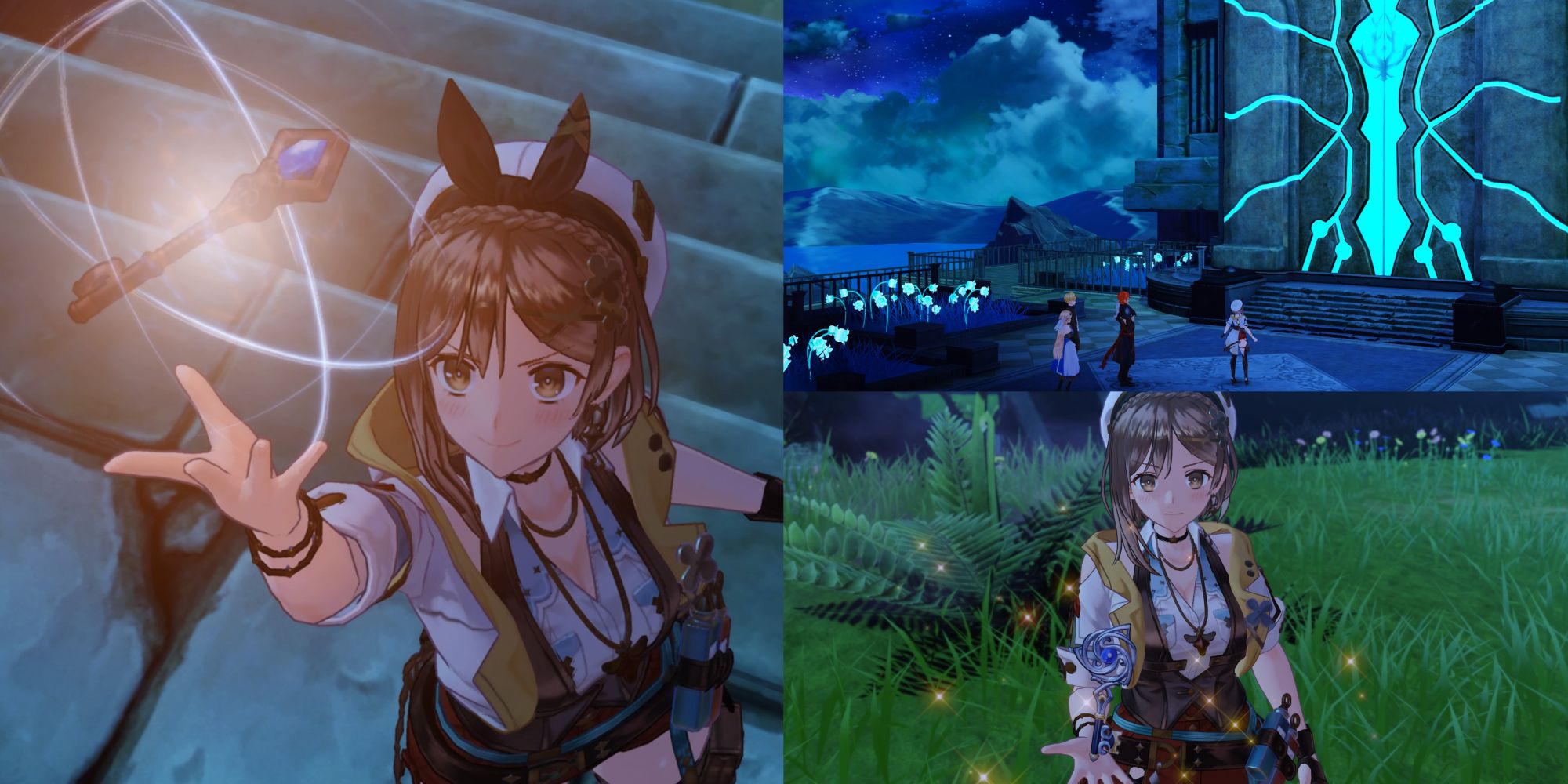 A collage of images from Atelier Ryza 3: Alchemist of the End & the Secret Key. The leftmost is of Ryza proudly hoisting a Created Key up that she made from a Monster. The top left is Ryza and her friends standing in awe outside of a mysterious door. The bottom right is of Ryza holding another Created Key in the palm of her hand.