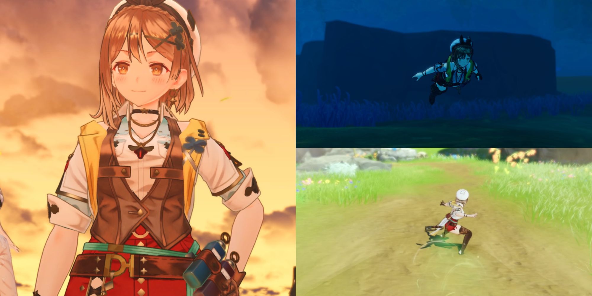 A collage of images from Atelier Ryza 3: Alchemist Of The End & The Secret Key. The leftmost image is of Ryza staring out into the distance as she begins her adventure. The top right image is of Ryza diving underneath the water to explore. The bottom right is of Ryza sliding down a steep slope at tremendous speeds.