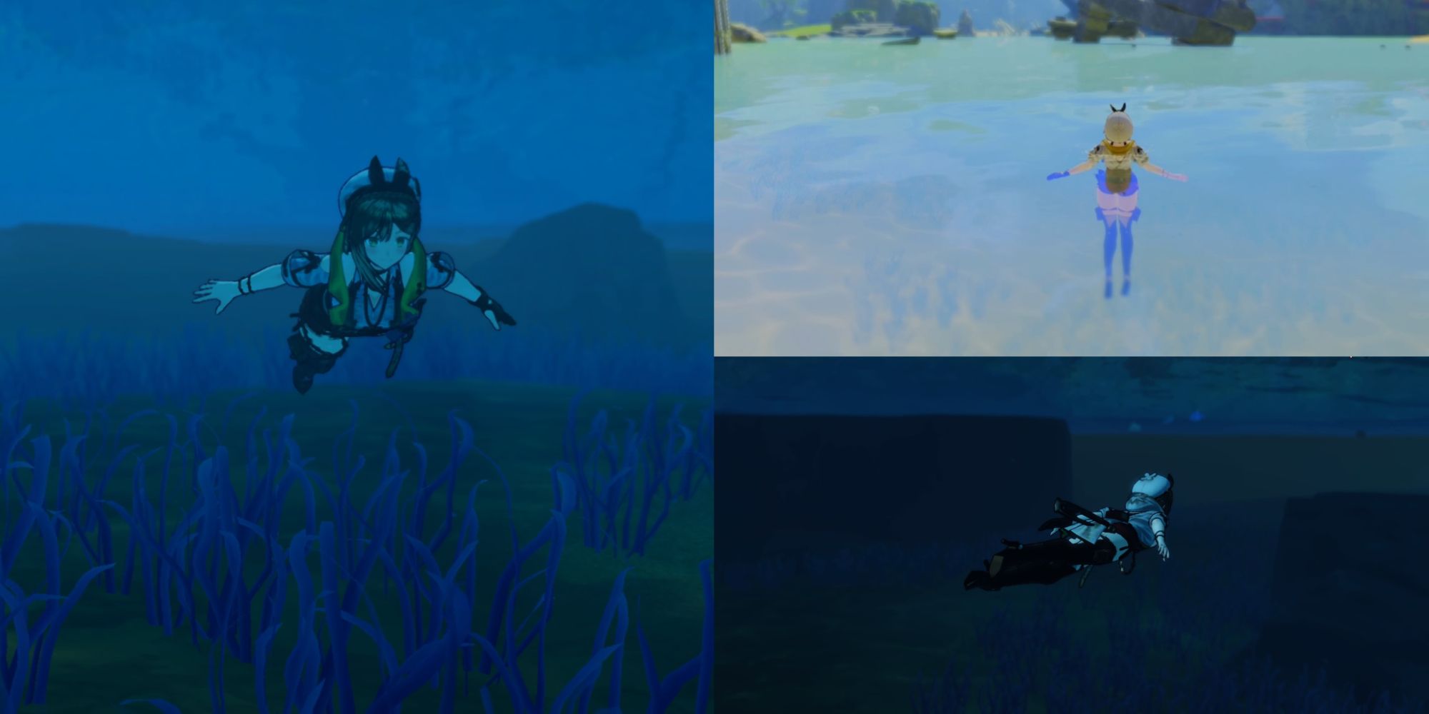 A collage of images showcasing Ryza diving underneath and exploring the waters of the Kark Isles in Atelier Ryza 3: Alchemist Of The End & The Secret Key