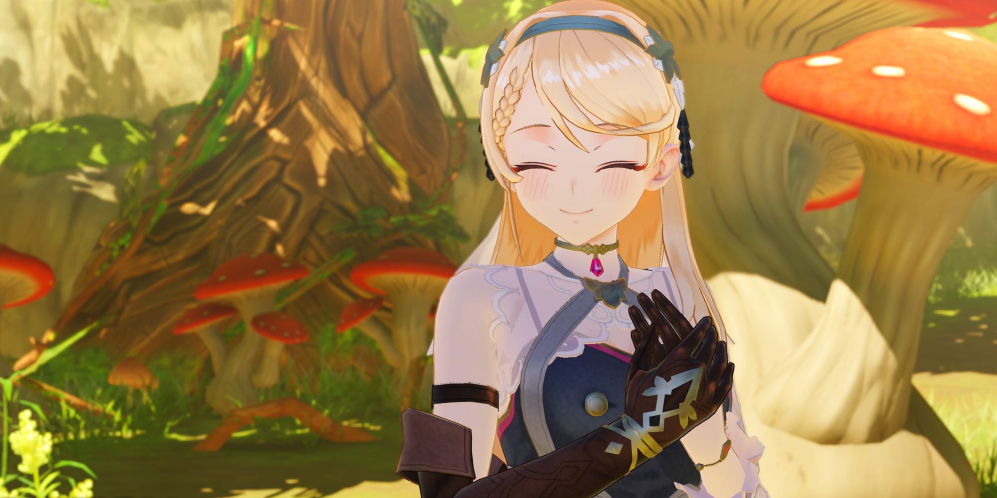 An image of Klaudia smiling while standing in front of tall mushrooms in a forest in Atelier Ryza 3: Alchemist of the End & the Secret Key