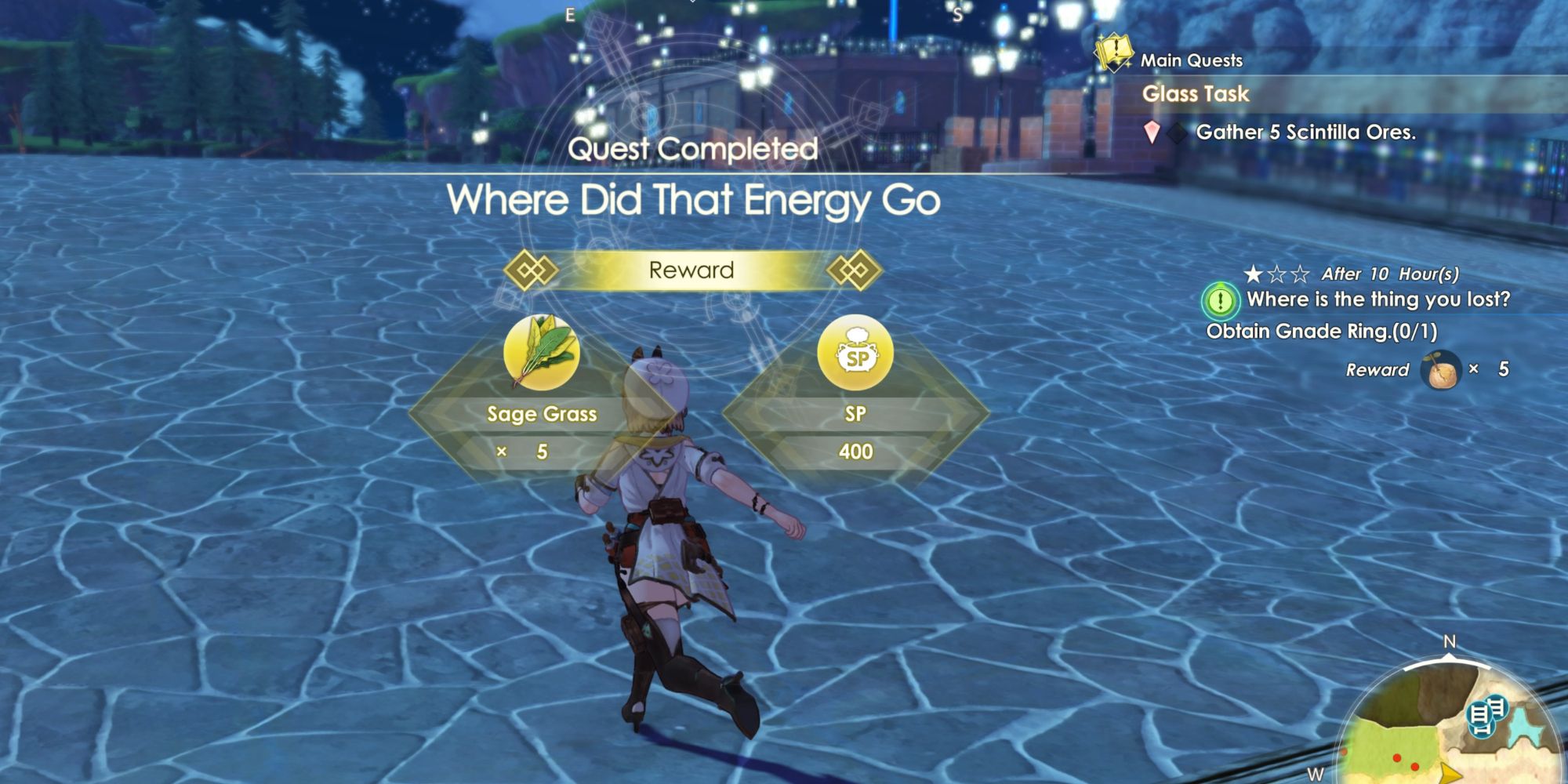 An image of Ryza completing a Normal Quest and receiving five Sage Grass and 400 SP for her efforts in Atelier Ryza 3: Alchemist Of The End & The Secret Key