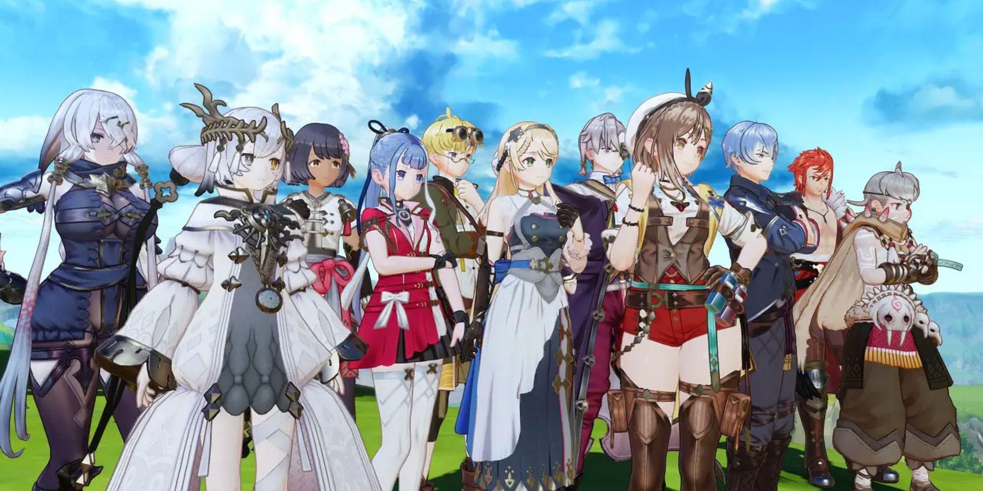 An image of all 11 playable characters in Atelier Ryza 3: Alchemist of the End & the Secret Key standing together looking ahead.