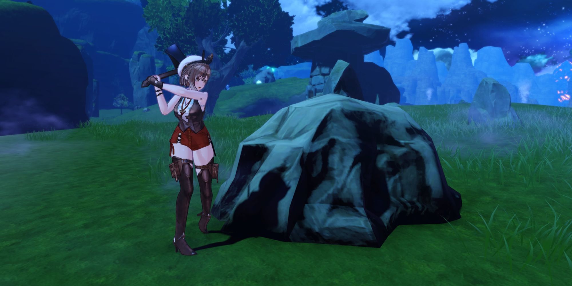 Ryza getting ready to hit a large boulder with an Axe to Gather its Materials in Atelier Ryza 3: Alchemist Of The End & The Secret Key