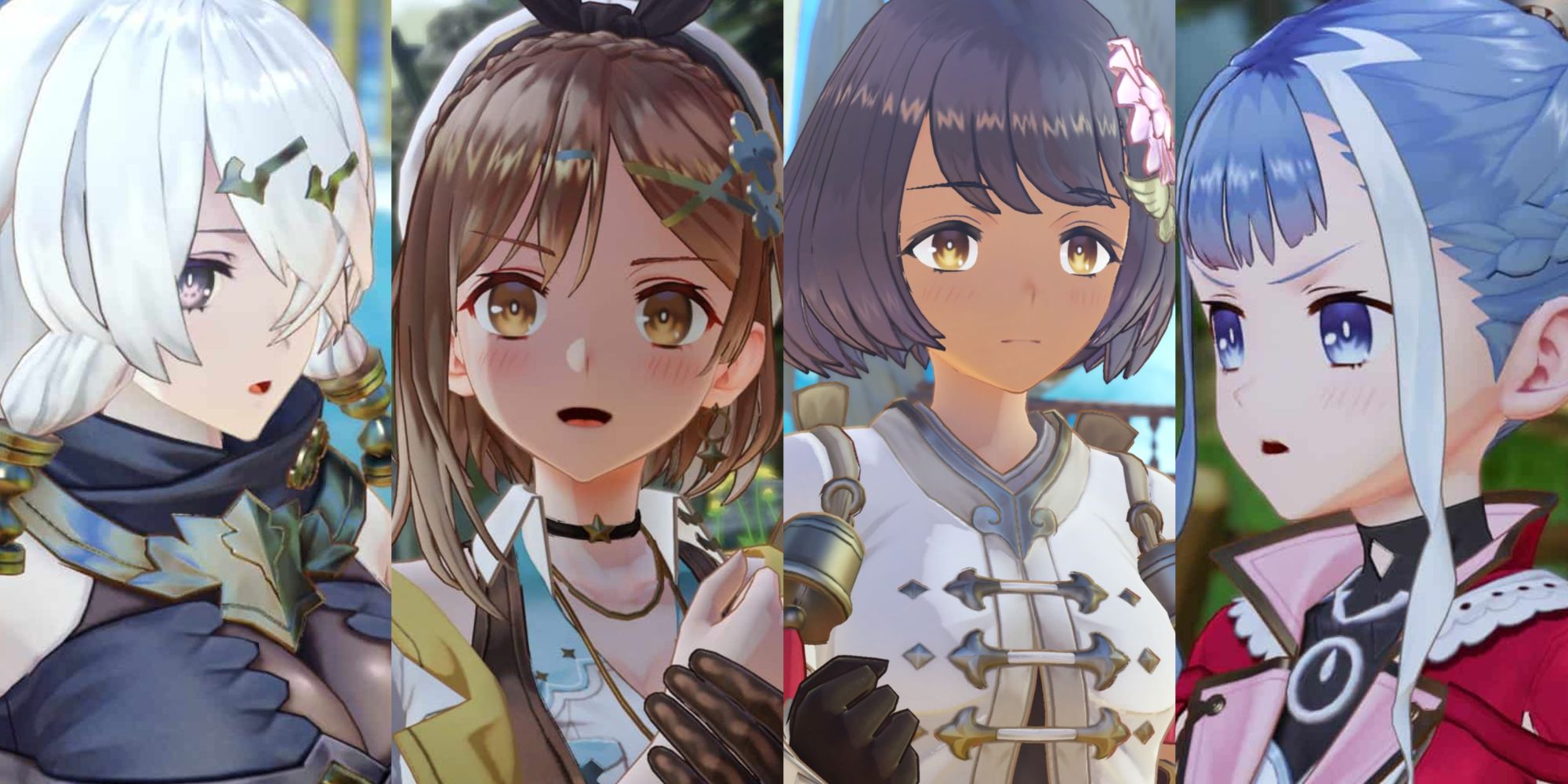 A collage of image of characters from Atelier Ryza 3: Alchemist of the End & the Secret Key. From left to right they are: Lila, Ryza, Federica, and Patricia