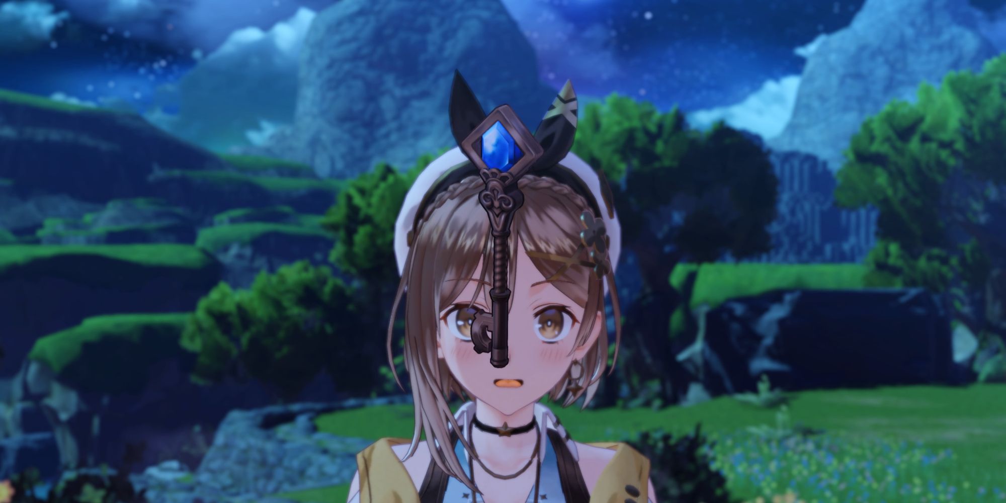 A stunned Ryza looking at a Key she just forged from a Landmark float down past her face in Atelier Ryza 3: Alchemist of the End & the Secret Key