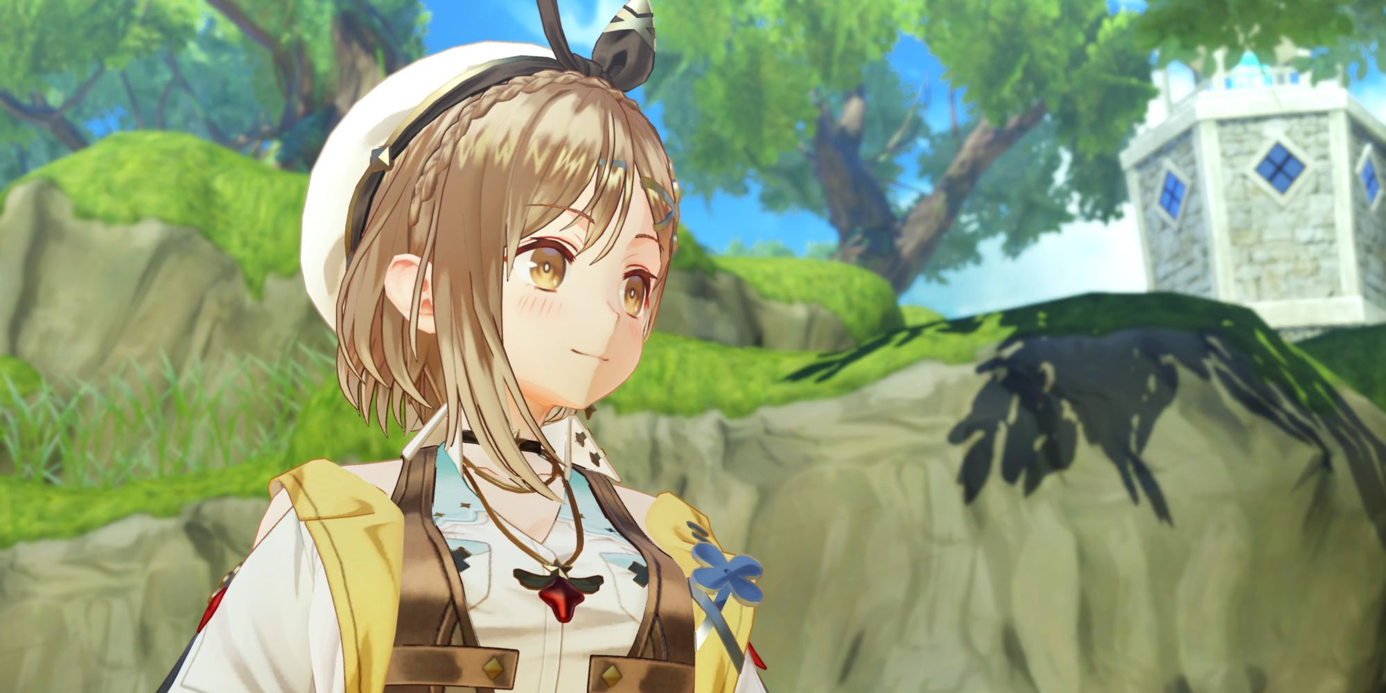 An image of Ryza smiling while standing in front of a hillside by her hideout in Atelier Ryza 3: Alchemist of the End & the Secret Key