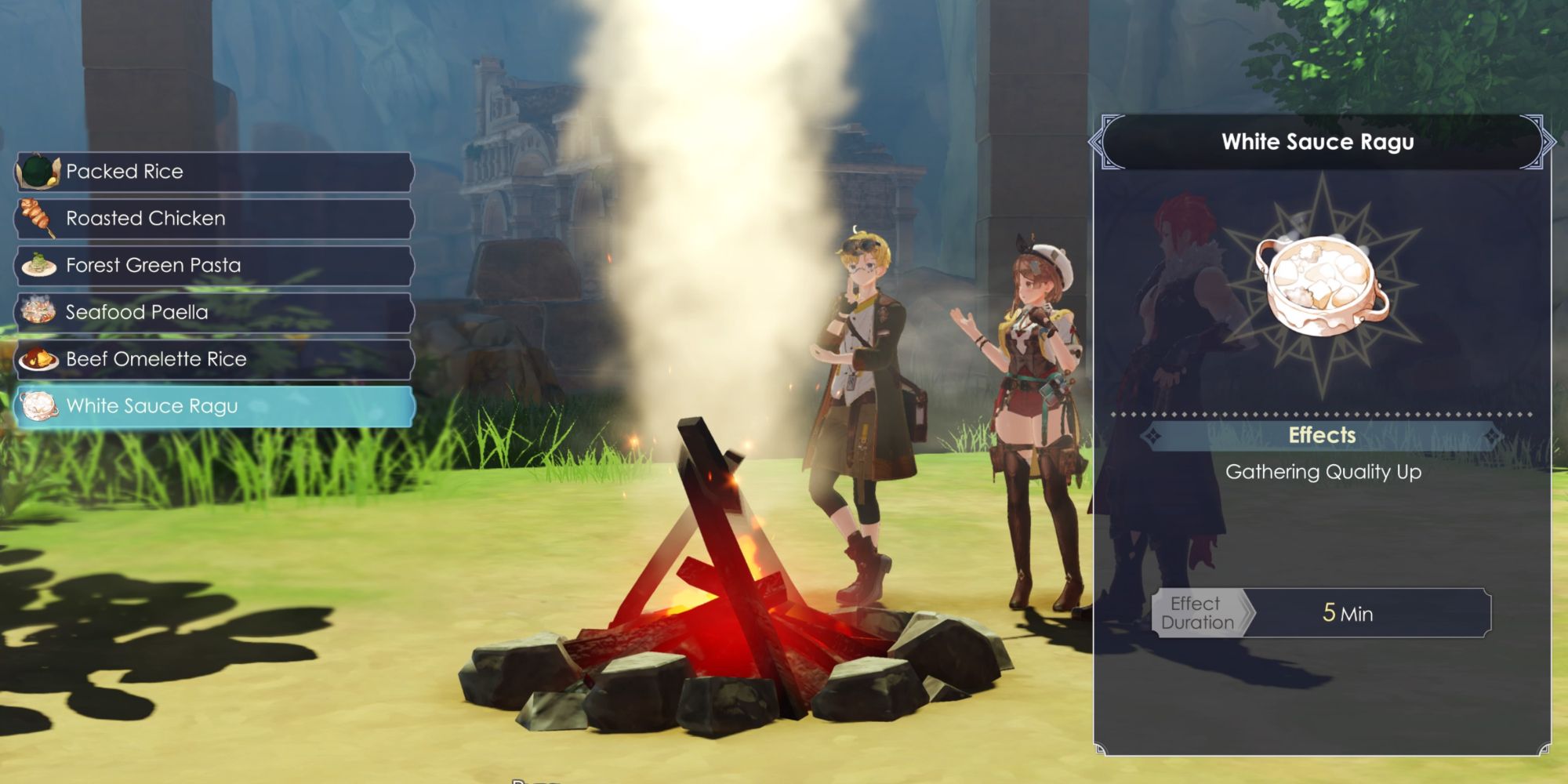 An image showcasing a few options of Meals you can Cook in Atelier Ryza 3: Alchemist Of The End & The Secret Key. This showcases the White Sauce Ragu, which raises your Gather Quality for five minutes.