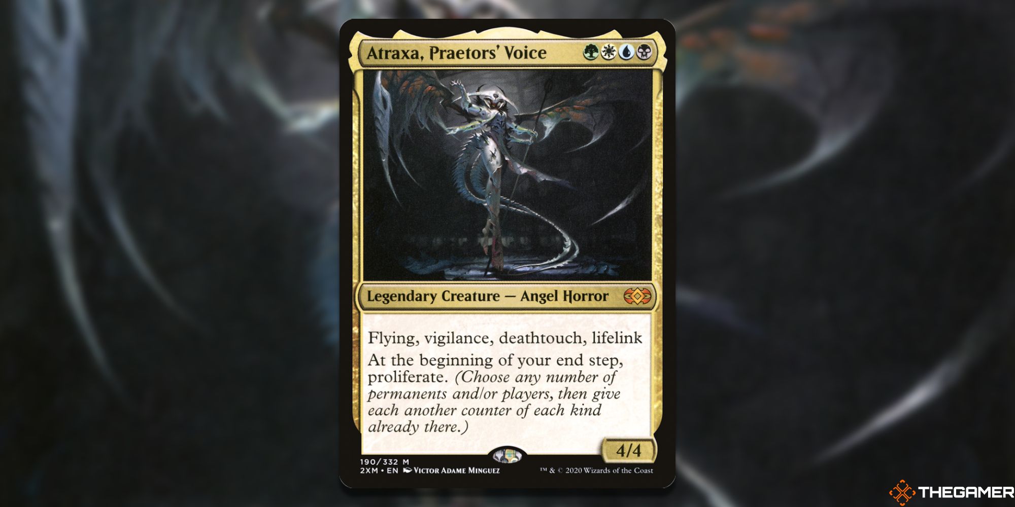 Image of Atraxa, the Praetor voice card in Magic: The Gathering, with artwork by Victor Adame Minguez