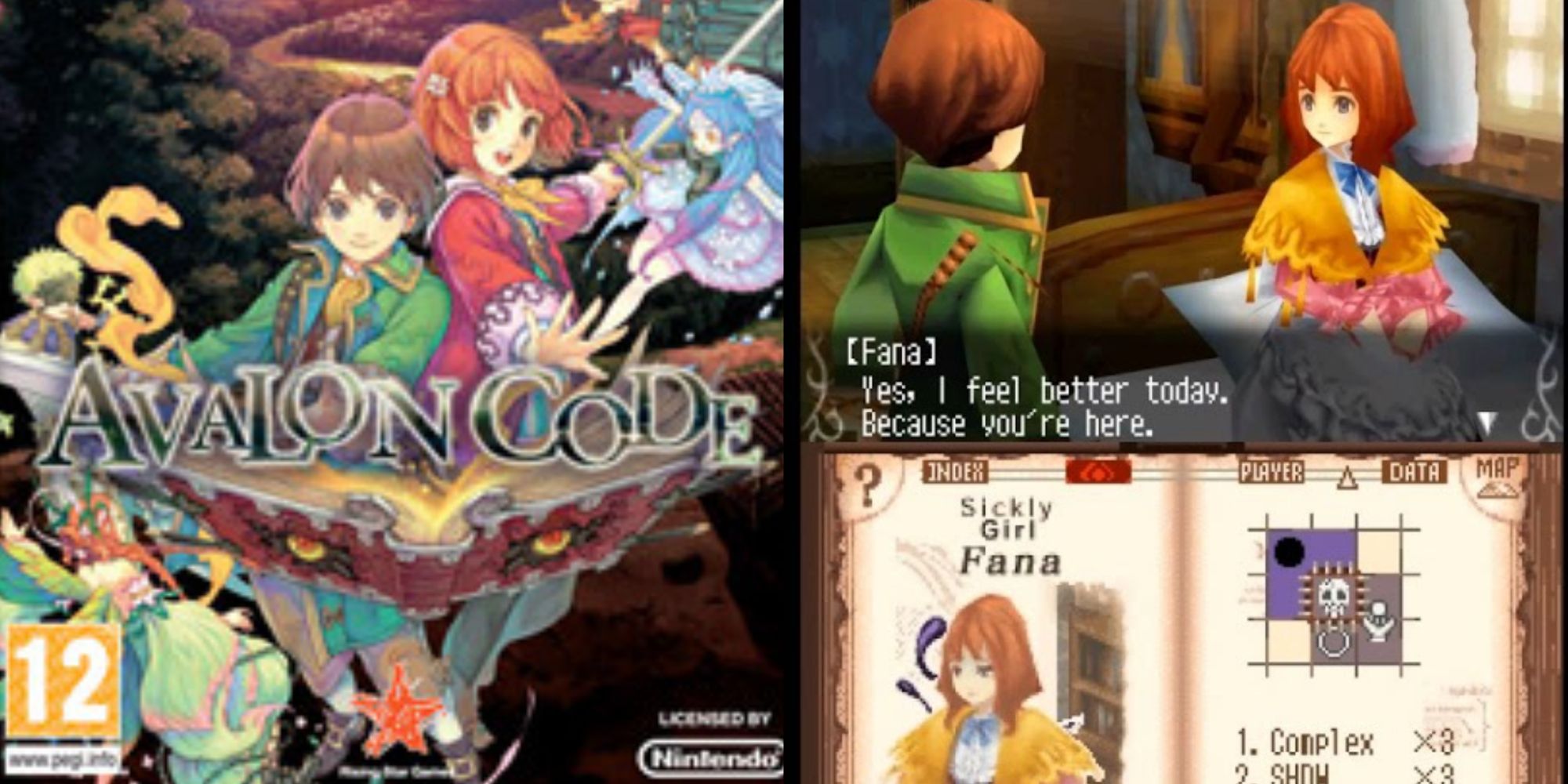 Split image screenshots of the Avalon Code box art and the main character speaking to Fana, showing her description on the bottom screen.