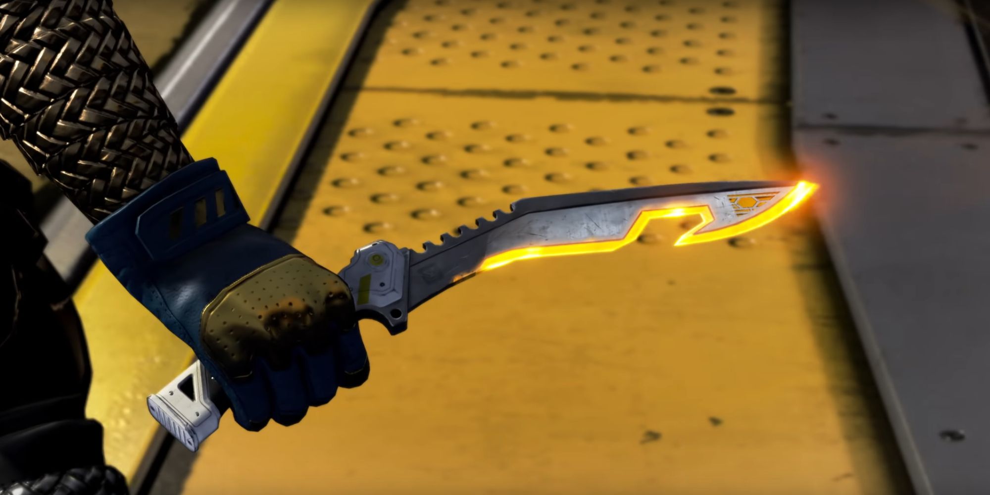 An image of Bangalore's Heirloom in Apex Legend, a large knife with a glowing yellow edge. 