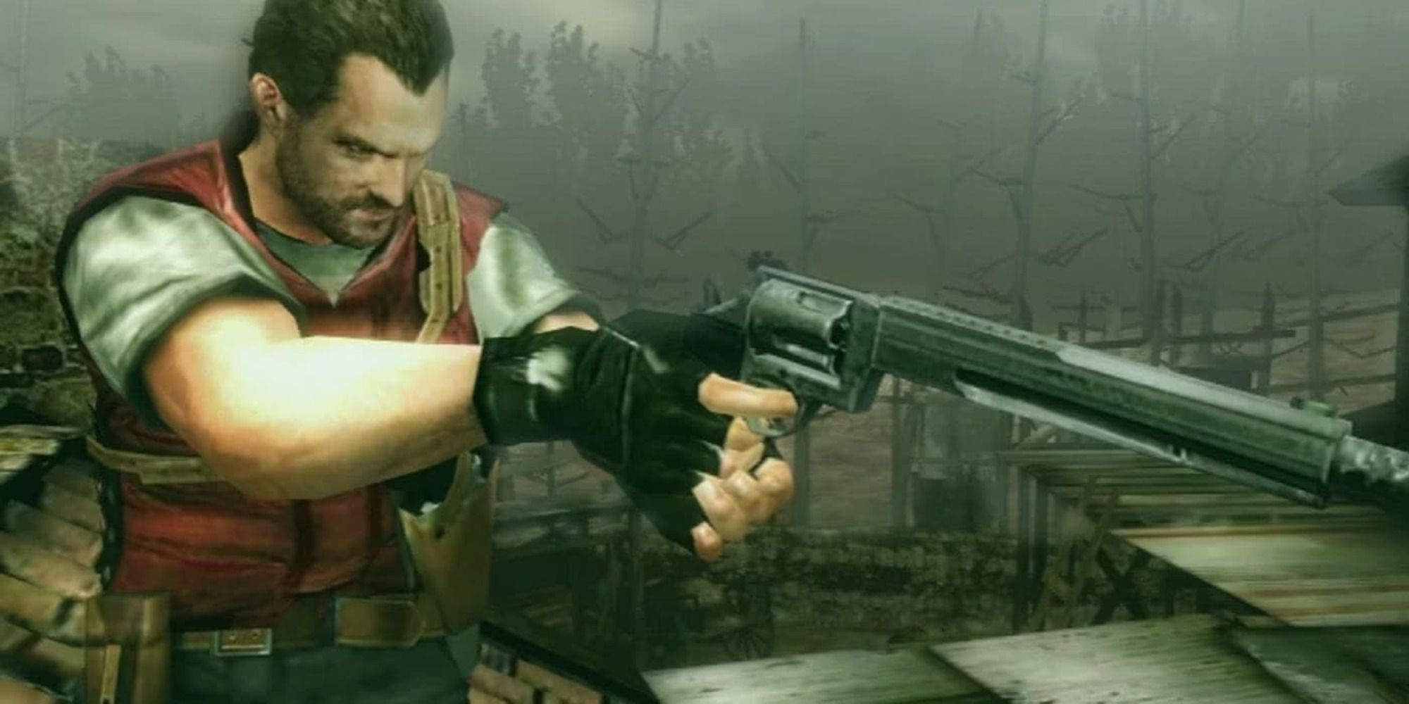 Barry Burton aims a gun in Resident Evil