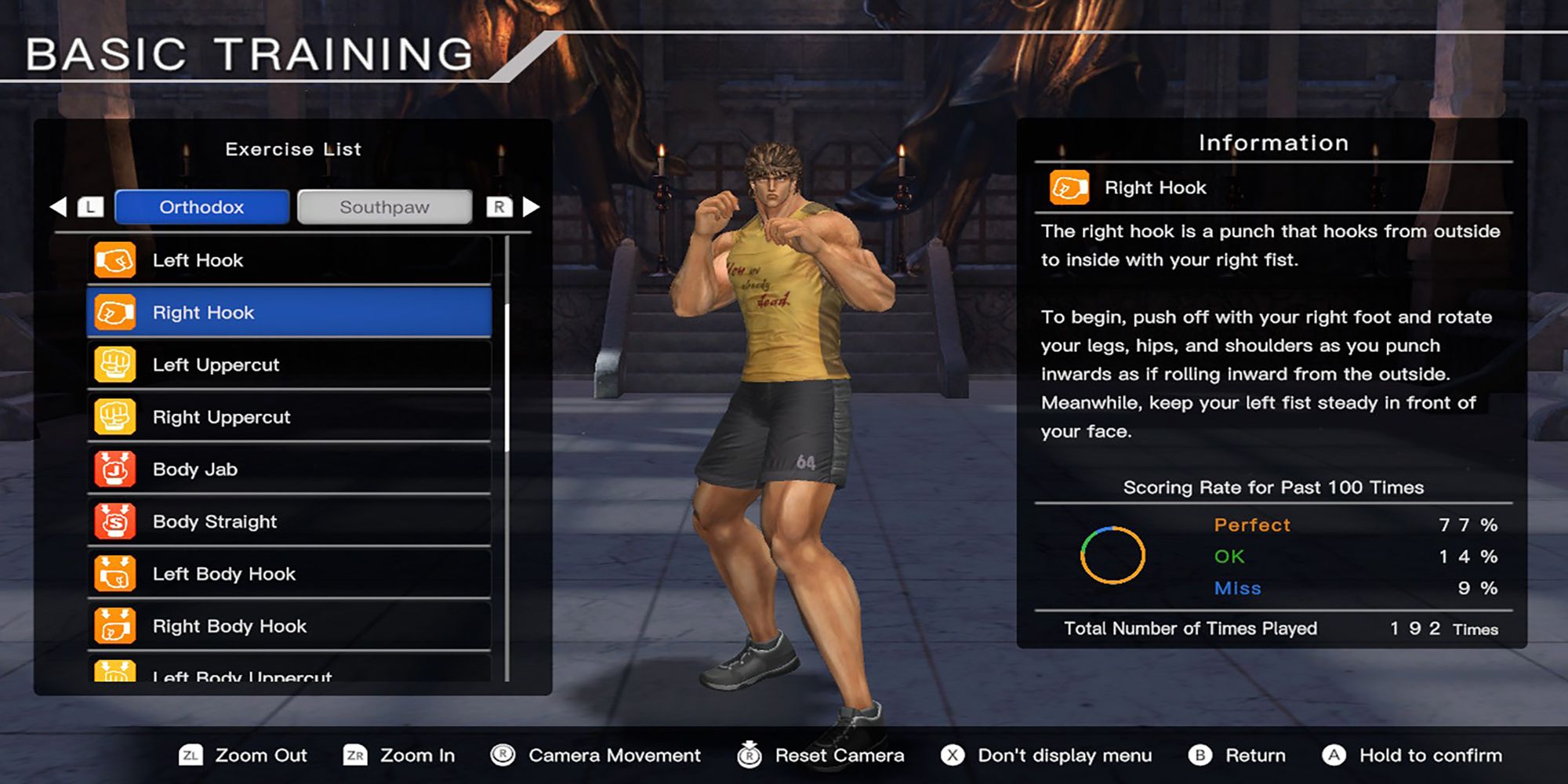Kenshiro stands next to a list of boxing moves you can practice in Fitness Boxing: Fist Of The North Star's Basic Training mode.
