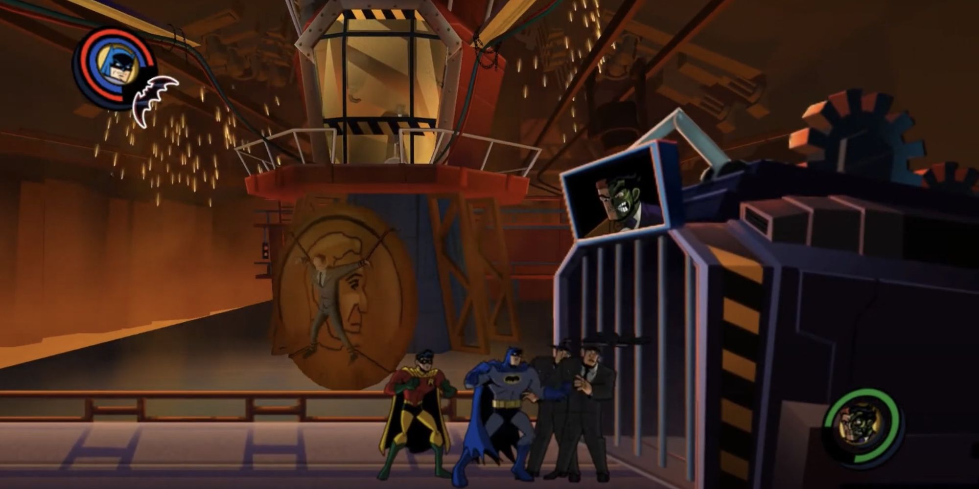 a screenshot of Batman The Brave and the Bold The Videogame featuring Batman and Robin battling henchmen