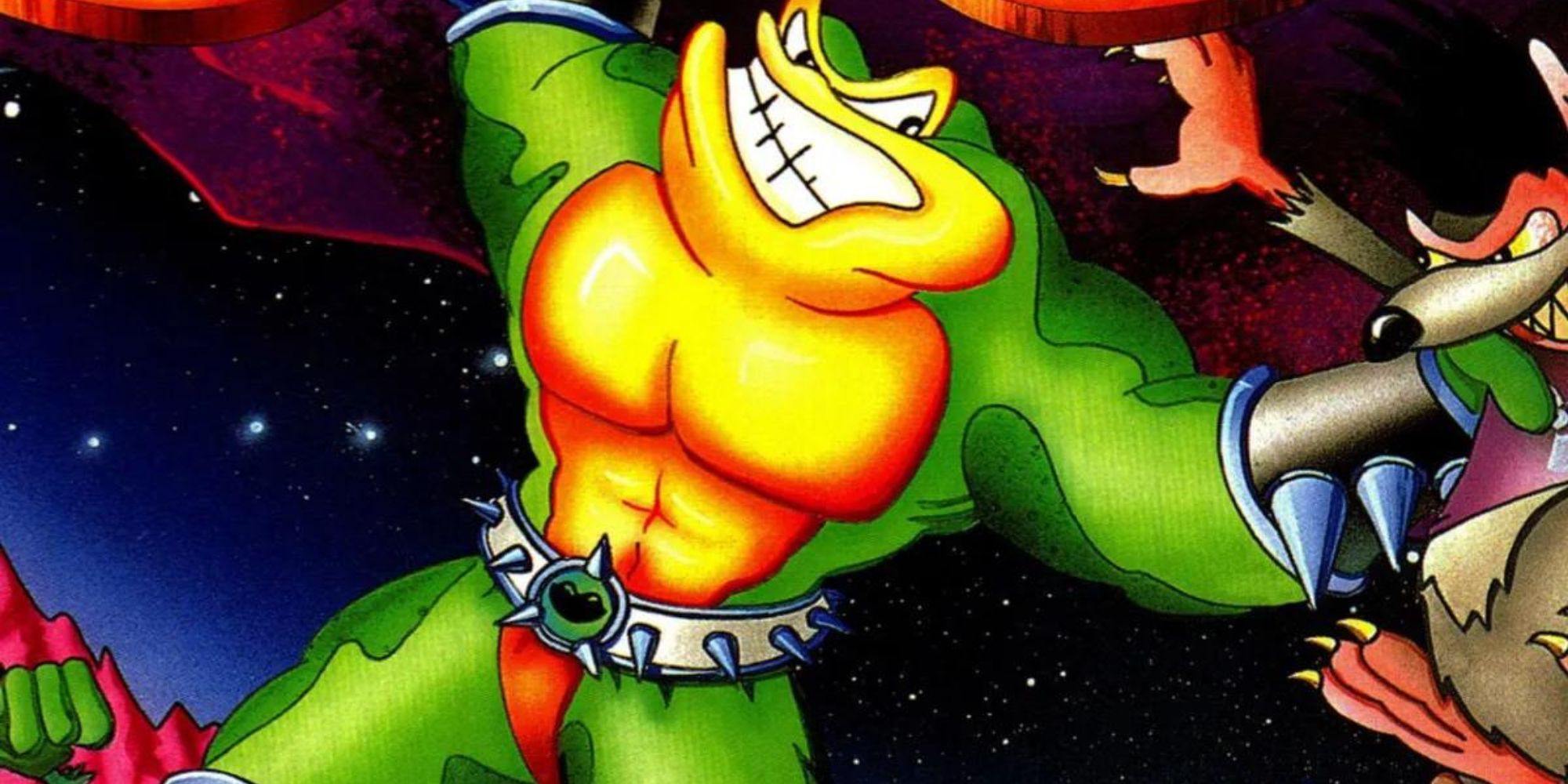A Battletoad holds a Scuzz in one hand in space