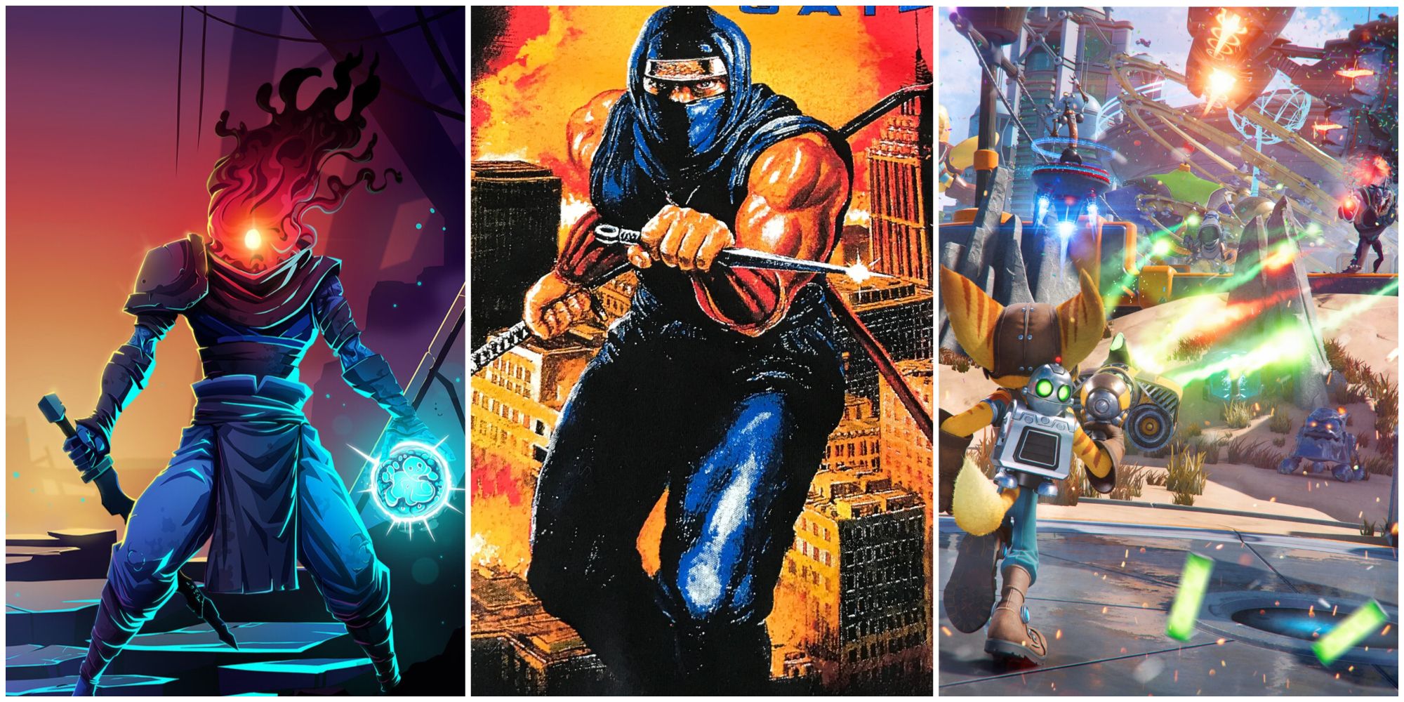 Best Action Platformers Feature Image - Dead Cells, Ninja Gaiden, and Rachet And Clank Rift Apart