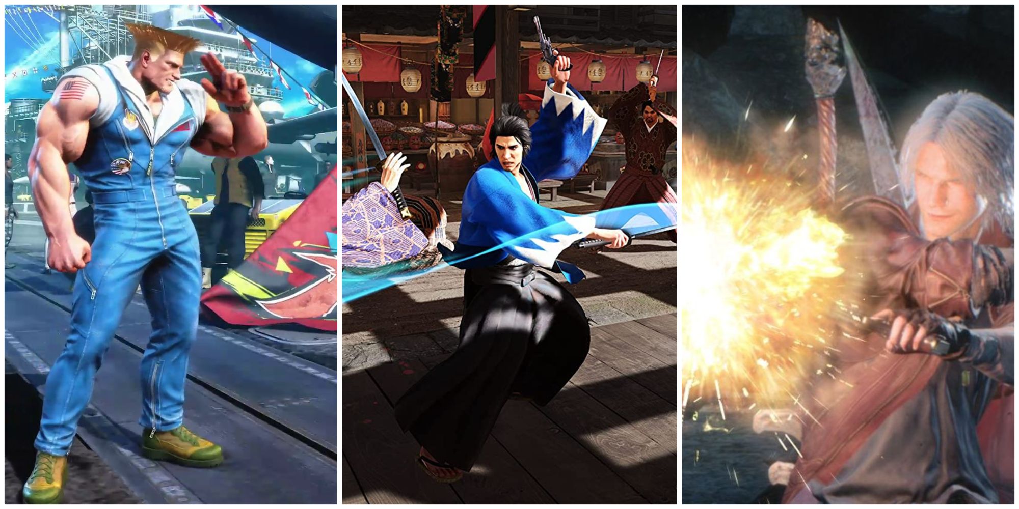 Best Fake Fighting Styles Feature Image - Guile in Street Fighter, Ryoma in Like A Dragon Ishin and Dante in Devil May Cry