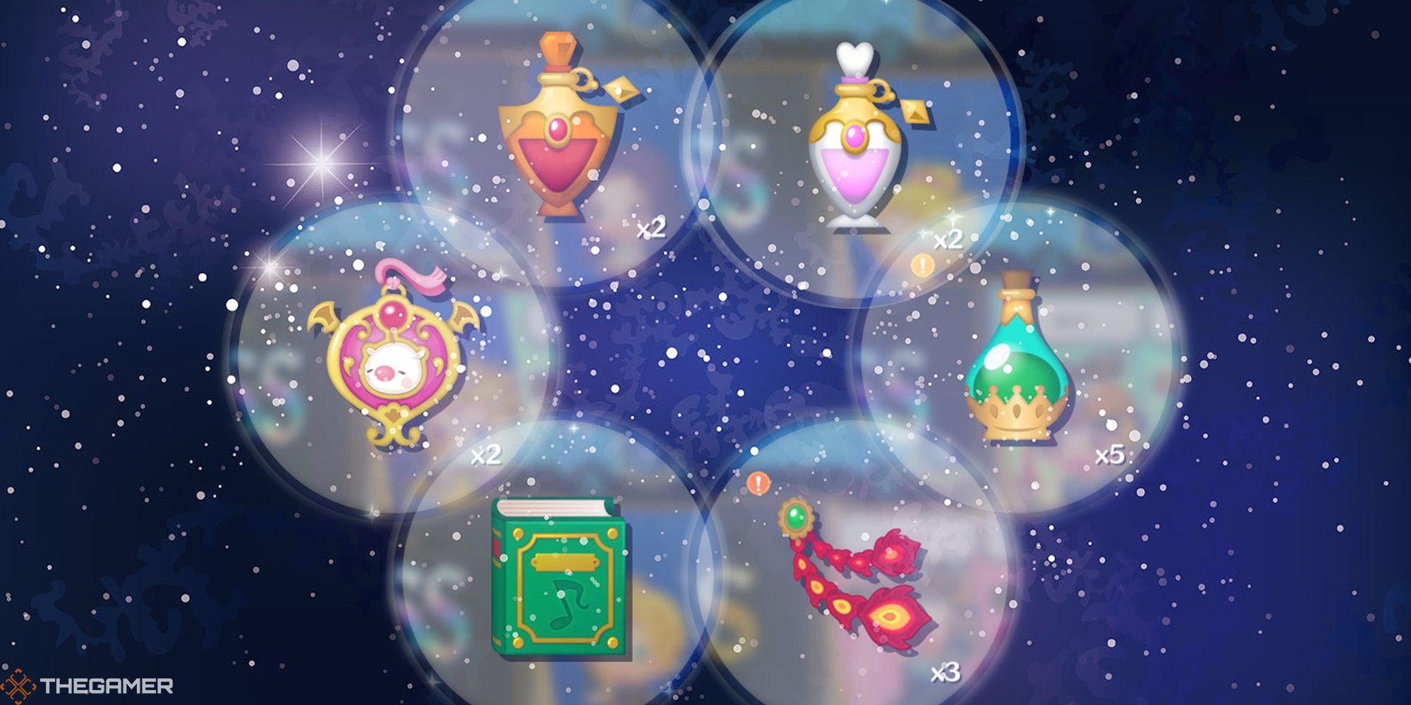 Six items from Theatrhythm: Final Bar Line converge in a circle against a starry blue galactic sky.