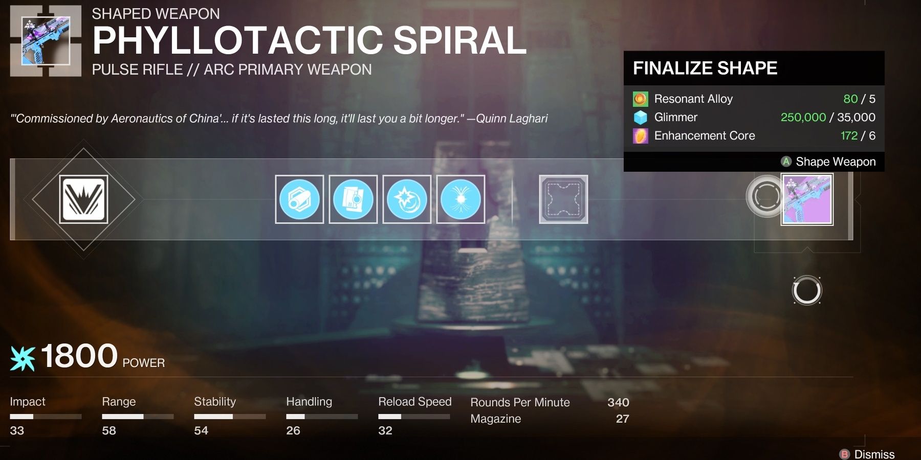 The cost menu to craft a starter roll or Phylotactic Spiral, a Pulse Rifle.