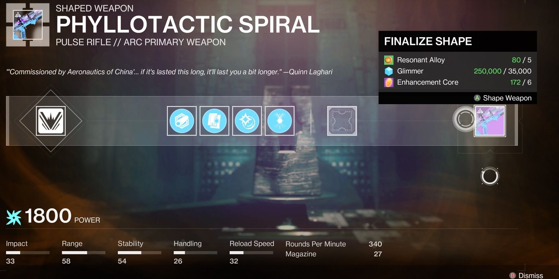 The cost menu to craft a starter roll or Phyllotactic Spiral, a Pulse Rifle.