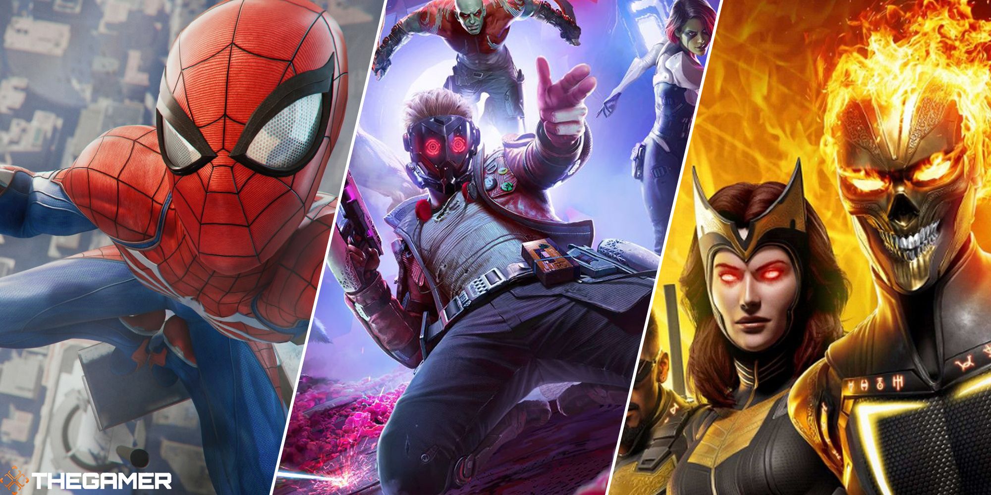 marvel's spider-man, guardians of the galaxy, and midnight suns split image
