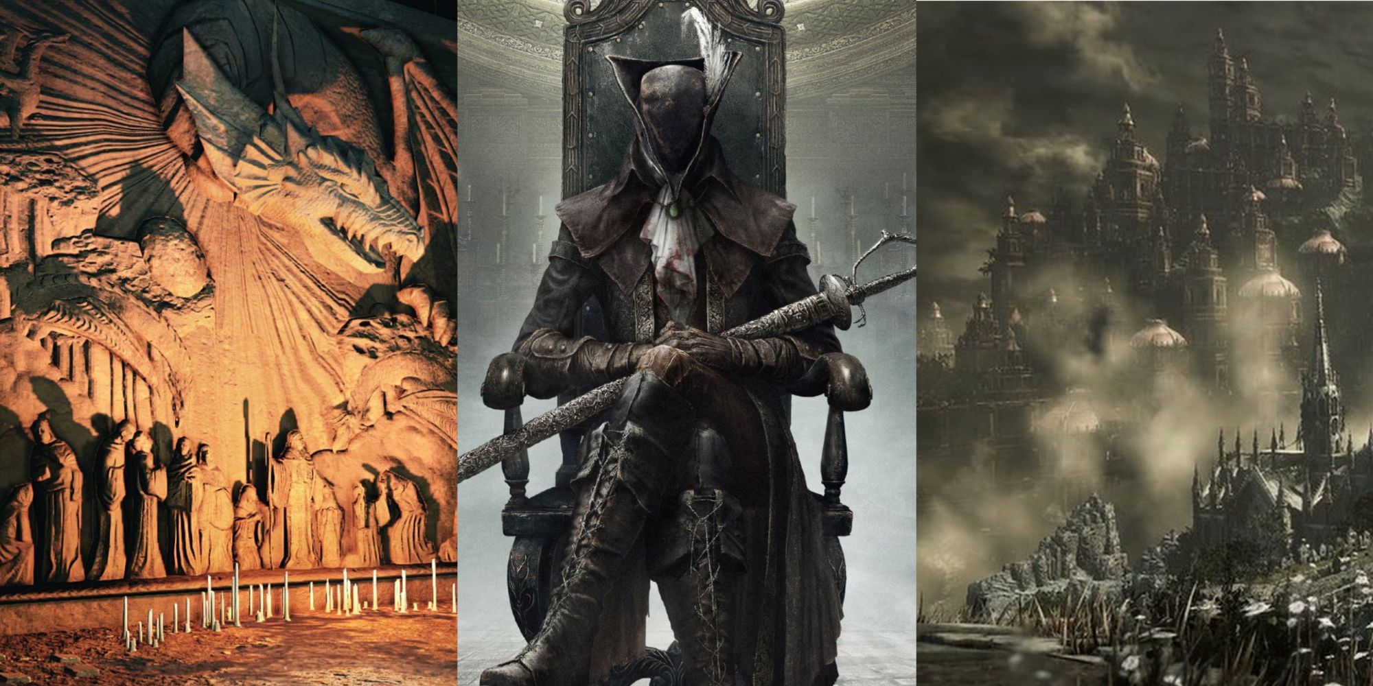 Wall carving depicting Sinh in Dark Souls 2, Lady Maria stain her chair in Bloodborne, and the Ringed City from Dark Souls 3, left to right