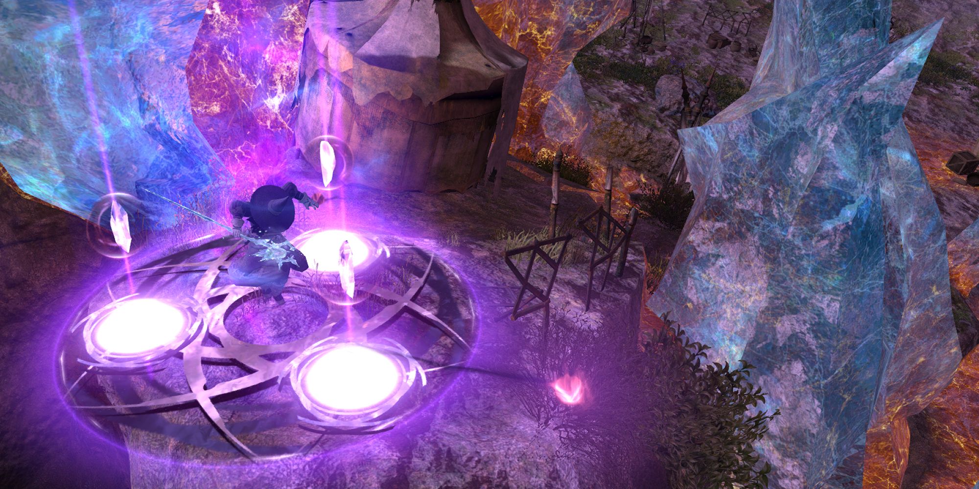 A Black Mage from Final Fantasy 14 in the crystal-damaged landscape of Mor Dhona, casting a powerful spell.