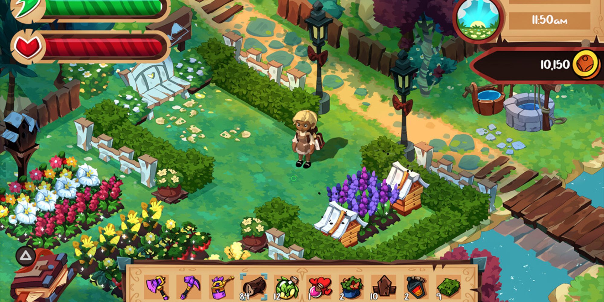 player character in their garden in blue oak bridge